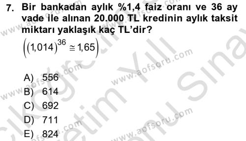 Genel Matematik Dersi 2021 - 2022 Yılı (Final) Dönem Sonu Sınavı 7. Soru