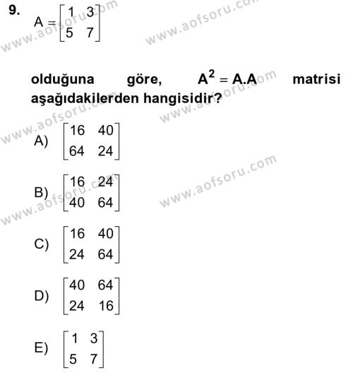 Genel Matematik Dersi 2021 - 2022 Yılı (Final) Dönem Sonu Sınavı 9. Soru