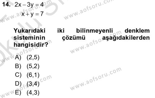 Genel Matematik Dersi 2021 - 2022 Yılı Yaz Okulu Sınavı 14. Soru