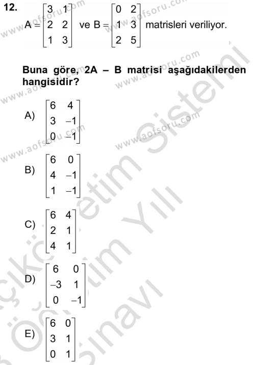 Genel Matematik Dersi 2022 - 2023 Yılı Yaz Okulu Sınavı 12. Soru