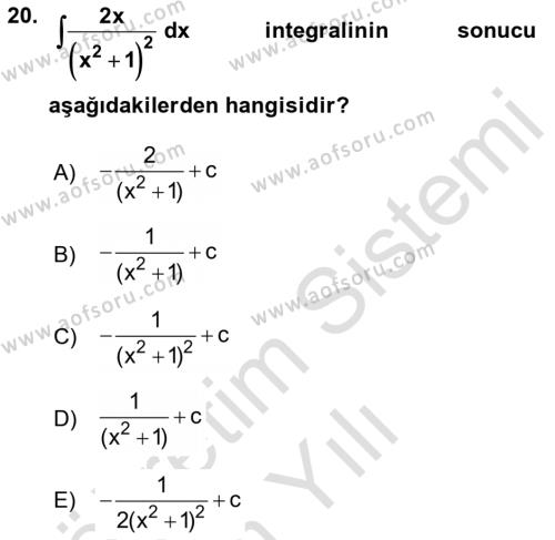 Genel Matematik Dersi 2022 - 2023 Yılı Yaz Okulu Sınavı 20. Soru