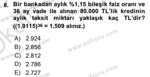 Genel Matematik Dersi 2022 - 2023 Yılı Yaz Okulu Sınavı 8. Soru