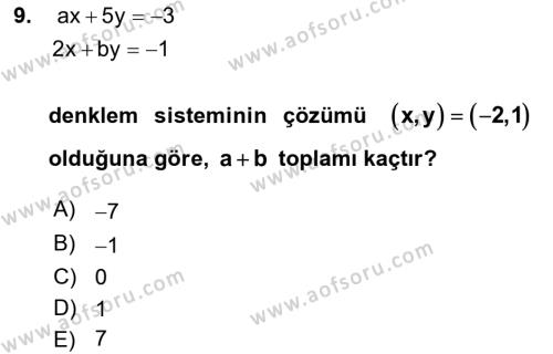 Genel Matematik Dersi 2022 - 2023 Yılı Yaz Okulu Sınavı 9. Soru