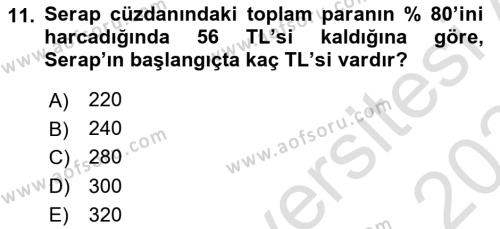 Genel Matematik Dersi 2023 - 2024 Yılı Yaz Okulu Sınavı 11. Soru