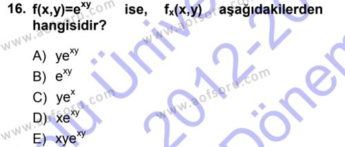Matematik 1 Dersi 2012 - 2013 Yılı (Final) Dönem Sonu Sınavı 16. Soru