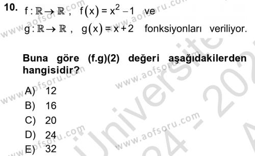 Matematik 1 Dersi 2024 - 2025 Yılı (Vize) Ara Sınavı 10. Soru