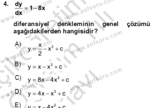 Matematik 2 Dersi 2023 - 2024 Yılı Yaz Okulu Sınavı 4. Soru