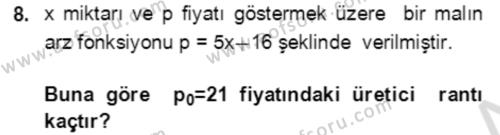 Matematik 2 Dersi 2023 - 2024 Yılı Yaz Okulu Sınavı 8. Soru