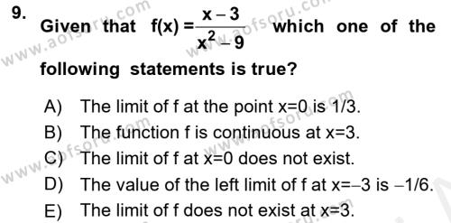 Mathematics 1 Dersi 2018 - 2019 Yılı (Final) Dönem Sonu Sınavı 9. Soru