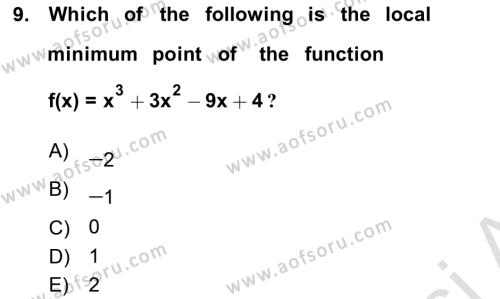 Mathematics 1 Dersi 2021 - 2022 Yılı (Final) Dönem Sonu Sınavı 9. Soru