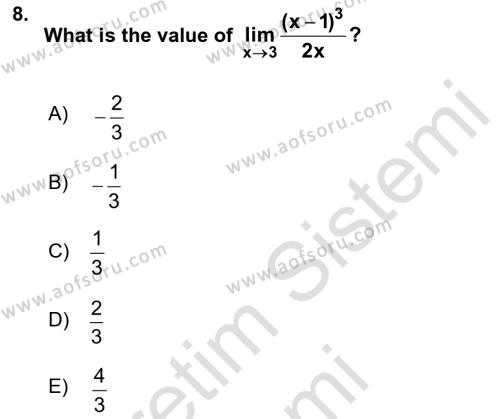 Mathematics 1 Dersi 2023 - 2024 Yılı (Final) Dönem Sonu Sınavı 8. Soru
