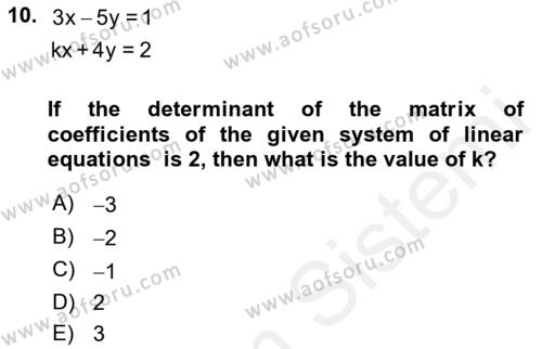 Mathematics 2 Dersi 2018 - 2019 Yılı (Final) Dönem Sonu Sınavı 10. Soru