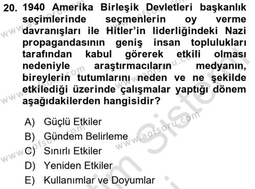 Medya ve İletişim Dersi 2021 - 2022 Yılı (Vize) Ara Sınavı 20. Soru