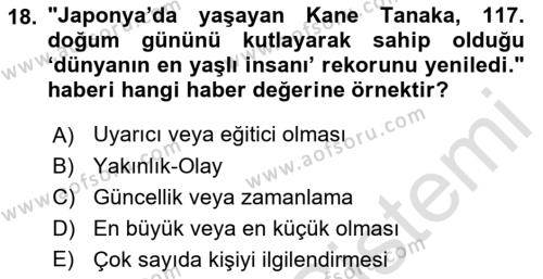 Medyada Dil Kullanımı Dersi 2022 - 2023 Yılı Yaz Okulu Sınavı 18. Soru