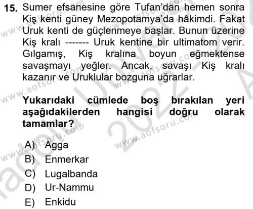 Mitoloji ve Din Dersi 2022 - 2023 Yılı (Vize) Ara Sınavı 15. Soru