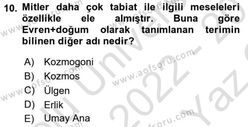 Mitoloji ve Din Dersi 2022 - 2023 Yılı Yaz Okulu Sınavı 10. Soru