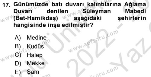 Mitoloji ve Din Dersi 2022 - 2023 Yılı Yaz Okulu Sınavı 17. Soru