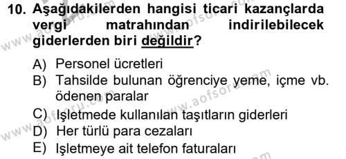 Türk Vergi Sistemi Dersi 2012 - 2013 Yılı (Vize) Ara Sınavı 10. Soru