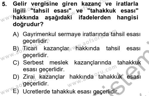 Türk Vergi Sistemi Dersi 2012 - 2013 Yılı (Vize) Ara Sınavı 5. Soru