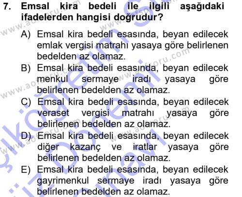 Türk Vergi Sistemi Dersi 2012 - 2013 Yılı (Final) Dönem Sonu Sınavı 7. Soru
