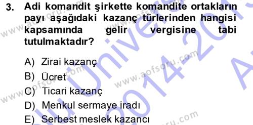 Türk Vergi Sistemi Dersi 2014 - 2015 Yılı (Vize) Ara Sınavı 3. Soru