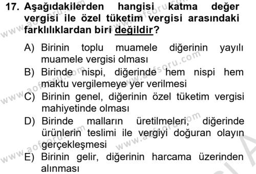 Türk Vergi Sistemi Dersi 2014 - 2015 Yılı Tek Ders Sınavı 17. Soru