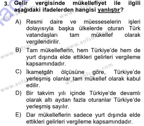 Türk Vergi Sistemi Dersi 2015 - 2016 Yılı (Vize) Ara Sınavı 3. Soru