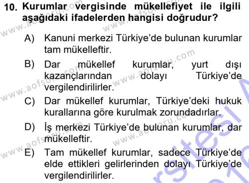 Türk Vergi Sistemi Dersi 2015 - 2016 Yılı (Final) Dönem Sonu Sınavı 10. Soru