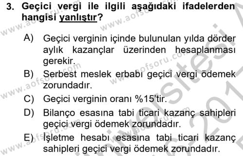 Türk Vergi Sistemi Dersi 2016 - 2017 Yılı 3 Ders Sınavı 3. Soru