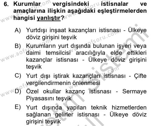 Türk Vergi Sistemi Dersi 2016 - 2017 Yılı 3 Ders Sınavı 6. Soru