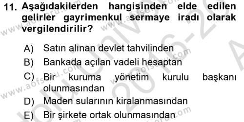 Türk Vergi Sistemi Dersi 2016 - 2017 Yılı (Vize) Ara Sınavı 11. Soru