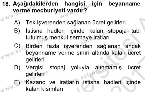 Türk Vergi Sistemi Dersi 2016 - 2017 Yılı (Vize) Ara Sınavı 18. Soru