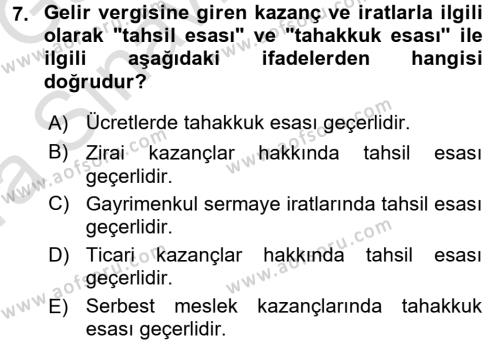 Türk Vergi Sistemi Dersi 2016 - 2017 Yılı (Vize) Ara Sınavı 7. Soru