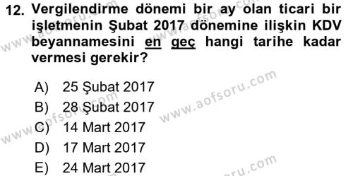 Türk Vergi Sistemi Dersi 2017 - 2018 Yılı 3 Ders Sınavı 12. Soru