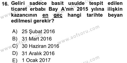 Türk Vergi Sistemi Dersi 2017 - 2018 Yılı (Vize) Ara Sınavı 16. Soru