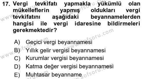 Türk Vergi Sistemi Dersi 2017 - 2018 Yılı (Vize) Ara Sınavı 17. Soru