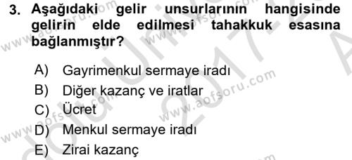 Türk Vergi Sistemi Dersi 2017 - 2018 Yılı (Vize) Ara Sınavı 3. Soru