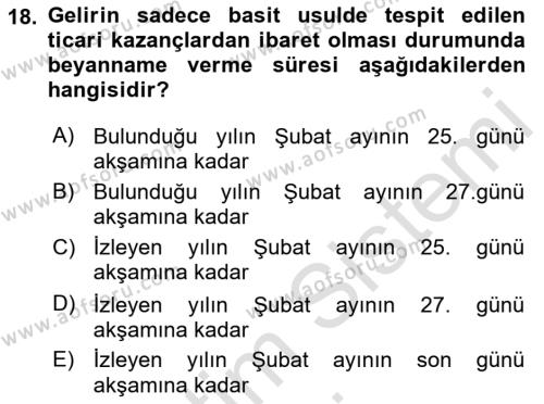 Türk Vergi Sistemi Dersi 2019 - 2020 Yılı (Vize) Ara Sınavı 18. Soru