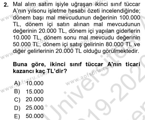 Türk Vergi Sistemi Dersi 2019 - 2020 Yılı (Final) Dönem Sonu Sınavı 2. Soru