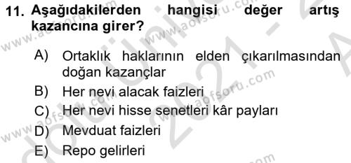 Türk Vergi Sistemi Dersi 2021 - 2022 Yılı (Vize) Ara Sınavı 11. Soru