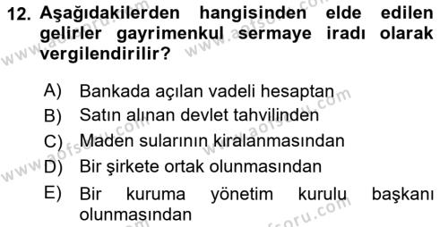 Türk Vergi Sistemi Dersi 2021 - 2022 Yılı (Vize) Ara Sınavı 12. Soru