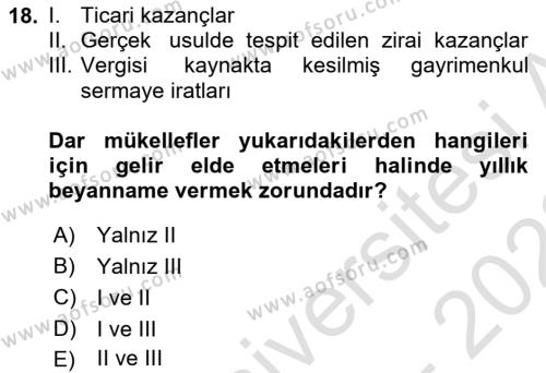 Türk Vergi Sistemi Dersi 2021 - 2022 Yılı (Vize) Ara Sınavı 18. Soru