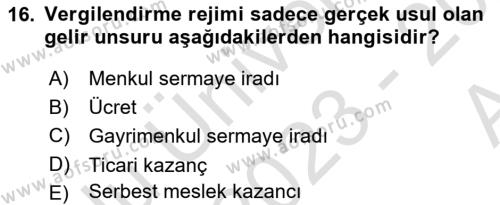 Türk Vergi Sistemi Dersi 2023 - 2024 Yılı (Vize) Ara Sınavı 16. Soru