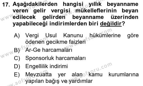 Türk Vergi Sistemi Dersi 2023 - 2024 Yılı (Vize) Ara Sınavı 17. Soru