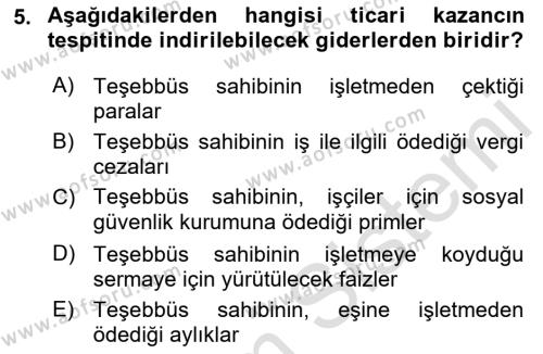 Türk Vergi Sistemi Dersi 2023 - 2024 Yılı (Vize) Ara Sınavı 5. Soru