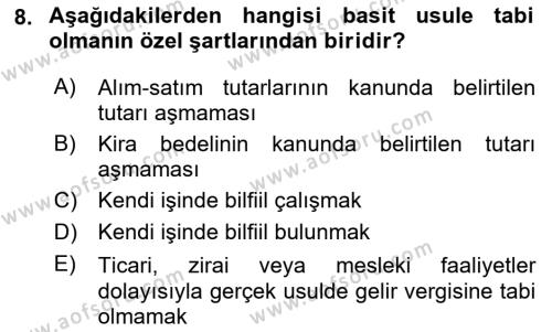Türk Vergi Sistemi Dersi 2023 - 2024 Yılı (Vize) Ara Sınavı 8. Soru