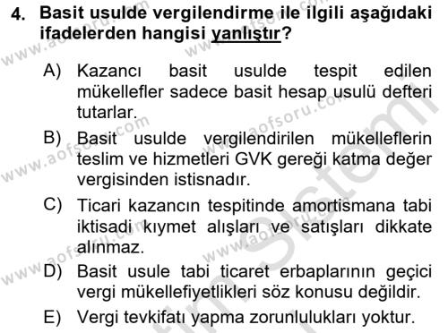 Türk Vergi Sistemi Dersi 2023 - 2024 Yılı (Final) Dönem Sonu Sınavı 4. Soru