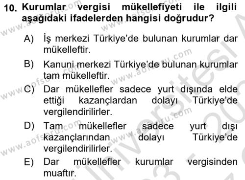 Türk Vergi Sistemi Dersi 2023 - 2024 Yılı Yaz Okulu Sınavı 10. Soru