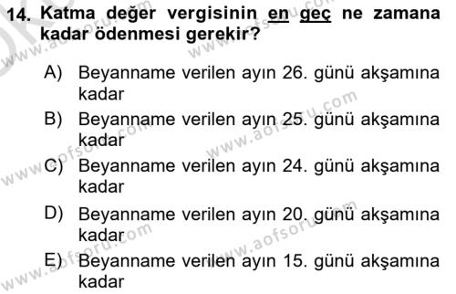 Türk Vergi Sistemi Dersi 2023 - 2024 Yılı Yaz Okulu Sınavı 14. Soru