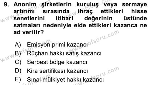 Türk Vergi Sistemi Dersi 2023 - 2024 Yılı Yaz Okulu Sınavı 9. Soru